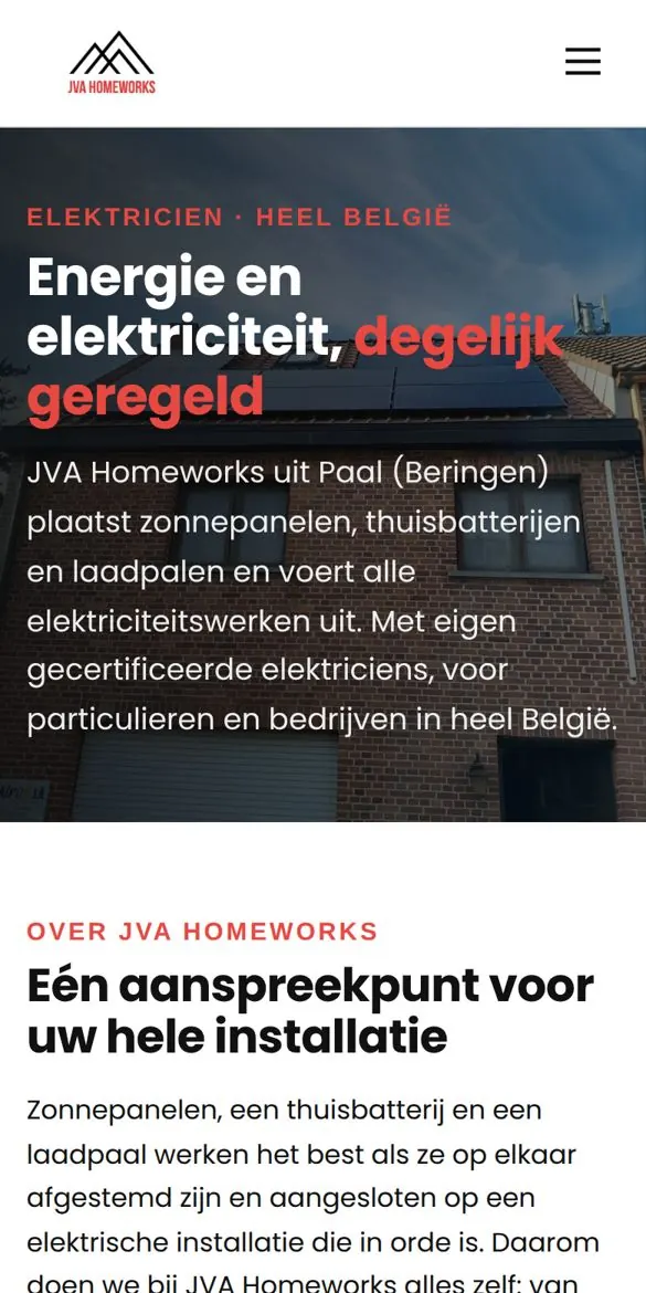 Homepage van JVA Homeworks op een gsm